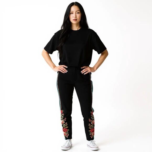 JWLA Johnny Was Embroidered Floral Aztec Leggings Women Large Black Pink Green - Picture 1 of 15